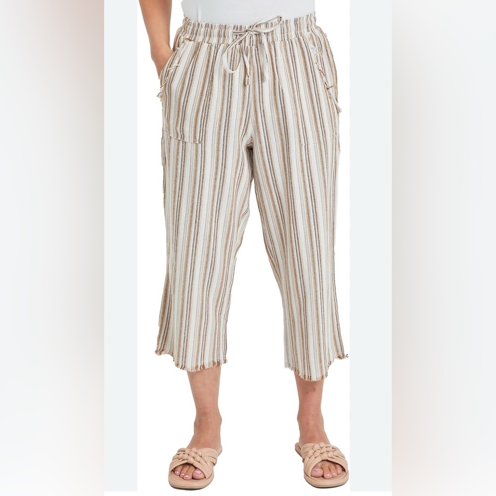 High Waisted Wide Leg Striped Cream and Brown Cropped Linen Pants
